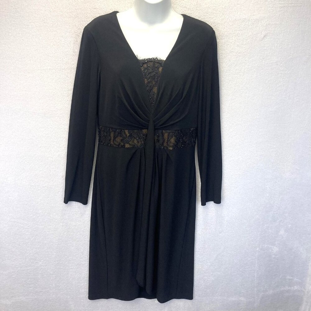 Cachet Long Sleeve Cocktail Dress Womens 8 Black Lace Beaded Twist Front Formal